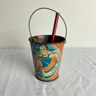 D900 Post WWII European Metal Scrap Sand Pail with Shovel