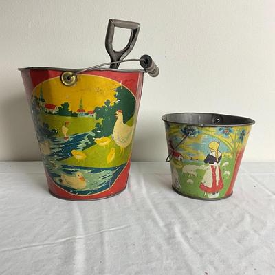 D901 Two T. Bros Antique Dutch Sand pails with Shovel