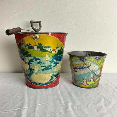 D901 Two T. Bros Antique Dutch Sand pails with Shovel