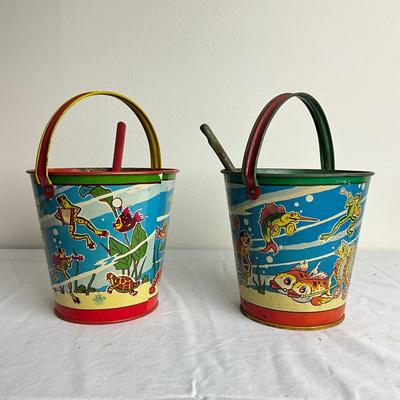 D902 Antique US Metal Toy Sand Pails with Shovels