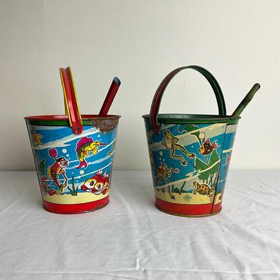 D902 Antique US Metal Toy Sand Pails with Shovels