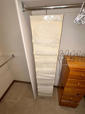 KNOTTY PINE UPRIGHT DRESSER, SHOE STORAGE AND HANGERS