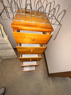 KNOTTY PINE UPRIGHT DRESSER, SHOE STORAGE AND HANGERS
