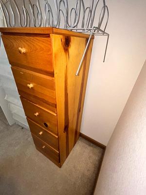 KNOTTY PINE UPRIGHT DRESSER, SHOE STORAGE AND HANGERS