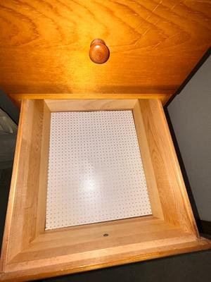 KNOTTY PINE UPRIGHT DRESSER, SHOE STORAGE AND HANGERS