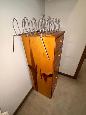 KNOTTY PINE UPRIGHT DRESSER, SHOE STORAGE AND HANGERS