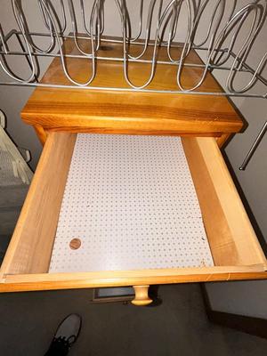 KNOTTY PINE UPRIGHT DRESSER, SHOE STORAGE AND HANGERS