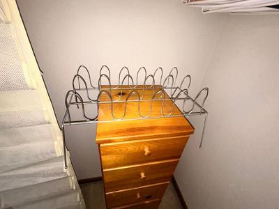KNOTTY PINE UPRIGHT DRESSER, SHOE STORAGE AND HANGERS