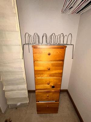 KNOTTY PINE UPRIGHT DRESSER, SHOE STORAGE AND HANGERS