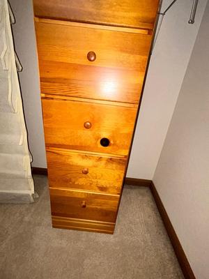 KNOTTY PINE UPRIGHT DRESSER, SHOE STORAGE AND HANGERS