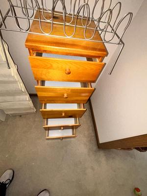 KNOTTY PINE UPRIGHT DRESSER, SHOE STORAGE AND HANGERS