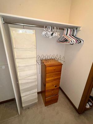 KNOTTY PINE UPRIGHT DRESSER, SHOE STORAGE AND HANGERS