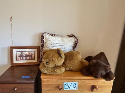 CUDDLY RUSS TEDDY BEAR AND HIS FRIEND, MATCHING WALL ART AND A CROSS STITCHED PILLOW
