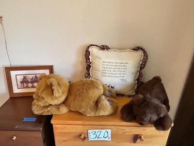 CUDDLY RUSS TEDDY BEAR AND HIS FRIEND, MATCHING WALL ART AND A CROSS STITCHED PILLOW