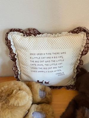 CUDDLY RUSS TEDDY BEAR AND HIS FRIEND, MATCHING WALL ART AND A CROSS STITCHED PILLOW