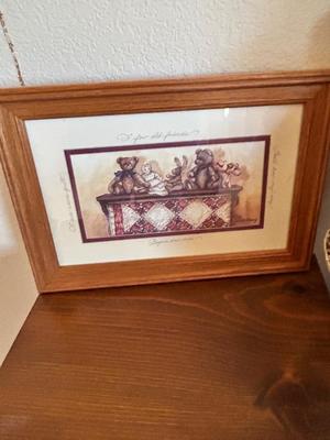 CUDDLY RUSS TEDDY BEAR AND HIS FRIEND, MATCHING WALL ART AND A CROSS STITCHED PILLOW