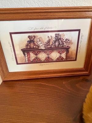 CUDDLY RUSS TEDDY BEAR AND HIS FRIEND, MATCHING WALL ART AND A CROSS STITCHED PILLOW