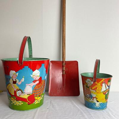 D913 Two Vintage Dutch J. Chein Lithograph Sand Pails with Large Shovel