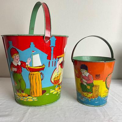 D913 Two Vintage Dutch J. Chein Lithograph Sand Pails with Large Shovel