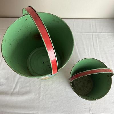 D913 Two Vintage Dutch J. Chein Lithograph Sand Pails with Large Shovel