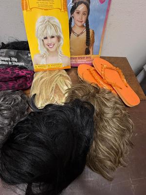 HALLOWEEN Costume Accessories Lot - wigs, American Indian Costume, Pink & Black Scarf, etc