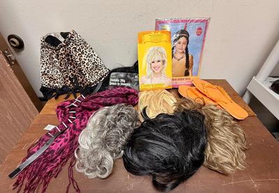 HALLOWEEN Costume Accessories Lot - wigs, American Indian Costume, Pink & Black Scarf, etc
