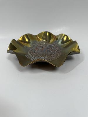 Vintage Solid Brass 8" Scalloped Edge Candy / Nut Dish Embossed Floral Design