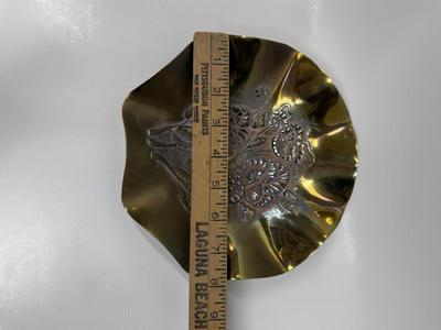 Vintage Solid Brass 8" Scalloped Edge Candy / Nut Dish Embossed Floral Design