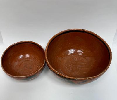 Vintage Handmade Mexican Redware Clay Pottery Serving Bowl Set of 2 Hand Painted