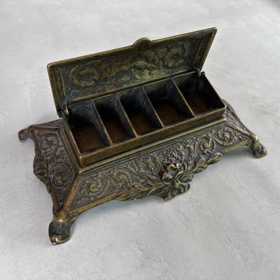 Ornate Antique brass inkwell/standish