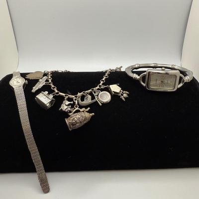 Vintage Sterling Charm Bracelet with Bulova & Gramercy Watches (ST-HS)