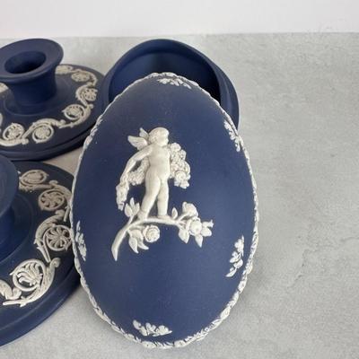 Wedgwood Jasperware Candlestick Holders and Trinket Box