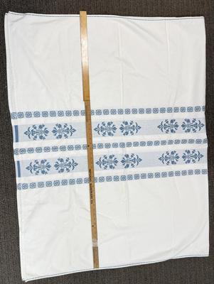 French vintage tablecloth set blue white 1950's MCM 53" x 73" approx.