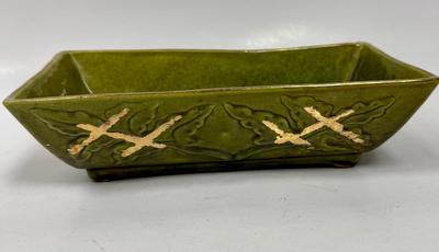 Vintage USA Pottery Planter Rectangular Dish T103 Glazed Olive Green Gold Accent Leaves MCM