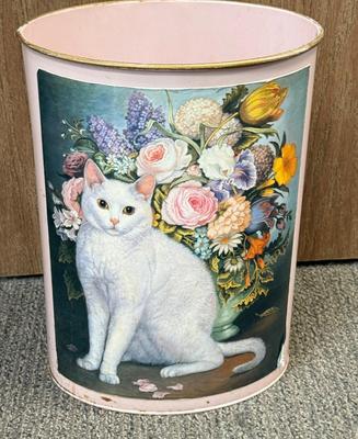 Vintage Pink Metal Trash Can with White Cat and Flowers design Retro Oval Wastebasket