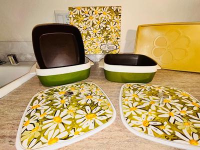 VINTAGE DASIES BY THERMO-SERVE 2qt INSULATED SERVING DISHES AND RUBBERMAID CONTAINER