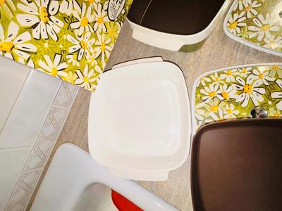 VINTAGE DASIES BY THERMO-SERVE 2qt INSULATED SERVING DISHES AND RUBBERMAID CONTAINER