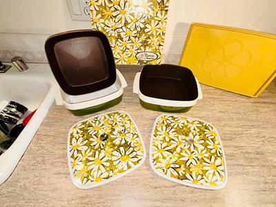 VINTAGE DASIES BY THERMO-SERVE 2qt INSULATED SERVING DISHES AND RUBBERMAID CONTAINER