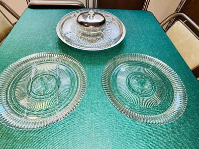 LAZY SUSAN HORS D’OEUVRES DISH AND TWO PLATTERS ONE IS SECTIONED