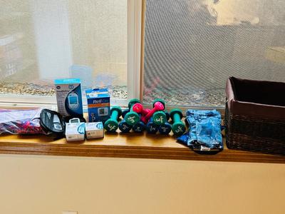 HEALTH ITEMS, BLOOD PRESSURE MONITOR, GLUCOSE MONITOR, HAND WEIGHTS, HOT OR COLD WRAPS AND MORE!