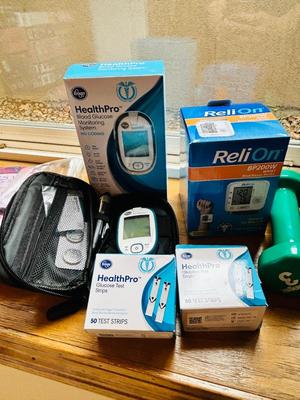 HEALTH ITEMS, BLOOD PRESSURE MONITOR, GLUCOSE MONITOR, HAND WEIGHTS, HOT OR COLD WRAPS AND MORE!