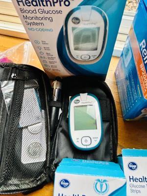 HEALTH ITEMS, BLOOD PRESSURE MONITOR, GLUCOSE MONITOR, HAND WEIGHTS, HOT OR COLD WRAPS AND MORE!