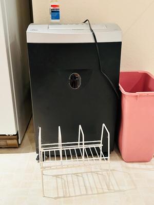 HEAVY DUTY ATIVA PAPER SHREDDER, WASTE CAN, & CABINET ORGANIZING RACKS