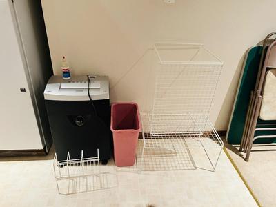 HEAVY DUTY ATIVA PAPER SHREDDER, WASTE CAN, & CABINET ORGANIZING RACKS