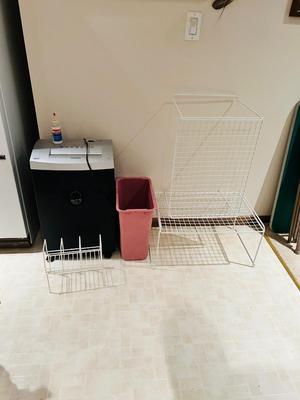 HEAVY DUTY ATIVA PAPER SHREDDER, WASTE CAN, & CABINET ORGANIZING RACKS