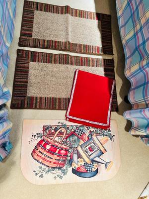 THROW RUGS W/RUBBER BACKING, TABLE RUNNER AND DOOR MAT