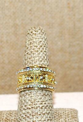 Size 7 ½ Pharoah Style Bright Gold Colored Infinity Setting with 3 Rows of Clear Round Stone Accents on a Gold Tone Band (11.7g)