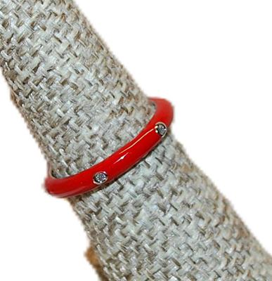Size 10 Marked .925 Delicate RED Enamel Ring with 6 Accent Clear Stones on a Silver Tone Band (2.5g)