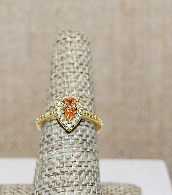 Size 6 ½ Pear Cut AMBER Colored Ring with a Pear Surround on a Gold Tone Band (2.9g)