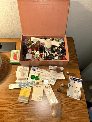 DRAWER ORGANIZER, VINTAGE BUTTONS GALORE, SCISSORS AND THIMBLES,